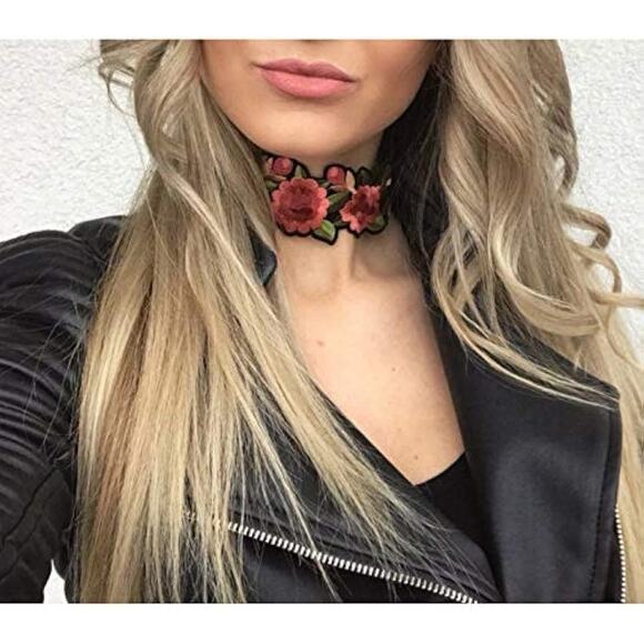 🍃NWOT Embroidered Floral Patch Choker Necklace Pink Green Black Adjustable OSFM - Picture 14 of 16